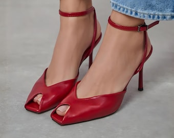 Red Leather Ankle Strap High Heels | Women's Open Toe Pumps | Strappy Sandals