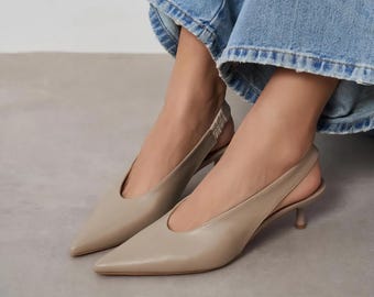 Taupe Leather Slingback Kitten Heels | Low Heel Pumps | Pointed Toe Shoes | Summer Sandals