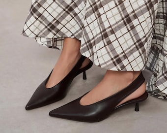 Braune Leder Slingback Kitten Heels | Low Heel Pumps | Spitze Toe Schuhe | Sommer Sandalen