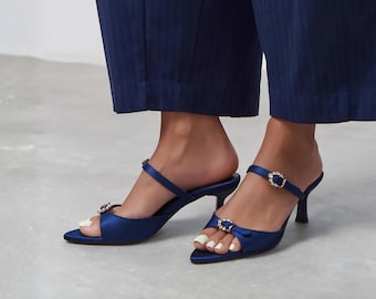Navy Blue Satin Pointed Toe Mules | Kitten Heels | Women Slides | Summer Slippers | Strappy Sandals