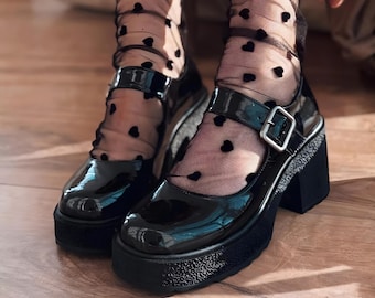 Black Patent Leather Platform Mary Janes | Chunky Block Heel Shoes with Buckle Strap
