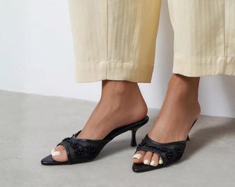 Black Tulle Beaded Mules | Floral Mesh Kitten Heels | Pointed Toe Slip Ons | Women's Sandals