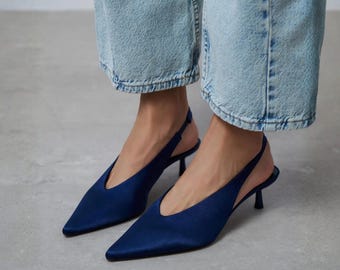 Navy Blue Satin Kitten Heels | Slingback Pumps | Pointed Toe Dress Shoes | Wedding Guest Shoes