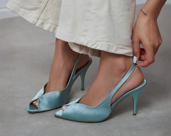 Turquoise Satin Slingback Sandals | Open Toe High Heels | Women Evening Shoes | Wedding Pumps
