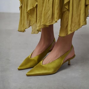 Olive Green Satin Kitten Heels | Slingback Pumps | Pointed Toe Dress Shoes | Wedding Guest Shoes