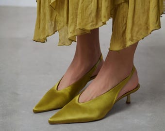 Olive Green Satin Kitten Heels | Slingback Pumps | Pointed Toe Dress Shoes | Wedding Guest Shoes