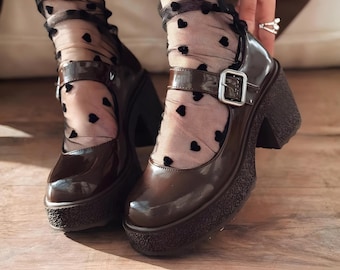 Brown Patent Leather Platform Mary Janes | Chunky Block Heel Shoes with Buckle Strap