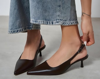 Brown Leather Slingback Kitten Heels | Buckle Strap Low Heel Pumps | Pointed Toe Shoes