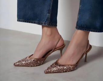 Sandalias de tacón alto beige con cuentas y tira trasera / Zapatos de punta / Zapatos de salón de malla / Sandalias de mujer
