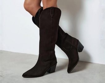 Brown Suede Pointed Toe Western Boots | Wide Calf Cowboy Boots | Pull On Knee Boot | Block Heel Shoes