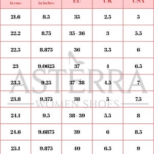 May include: A shoe size conversion chart for women, with measurements in centimeters, inches, EU, UK, and USA sizes. The chart includes sizes from 21.6 cm (8.5 inches) to 25.4 cm (10 inches), with corresponding EU, UK, and USA shoe sizes.
