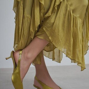 Olive Green Satin Kitten Heels | Slingback Pumps | Pointed Toe Dress Shoes | Wedding Guest Shoes
