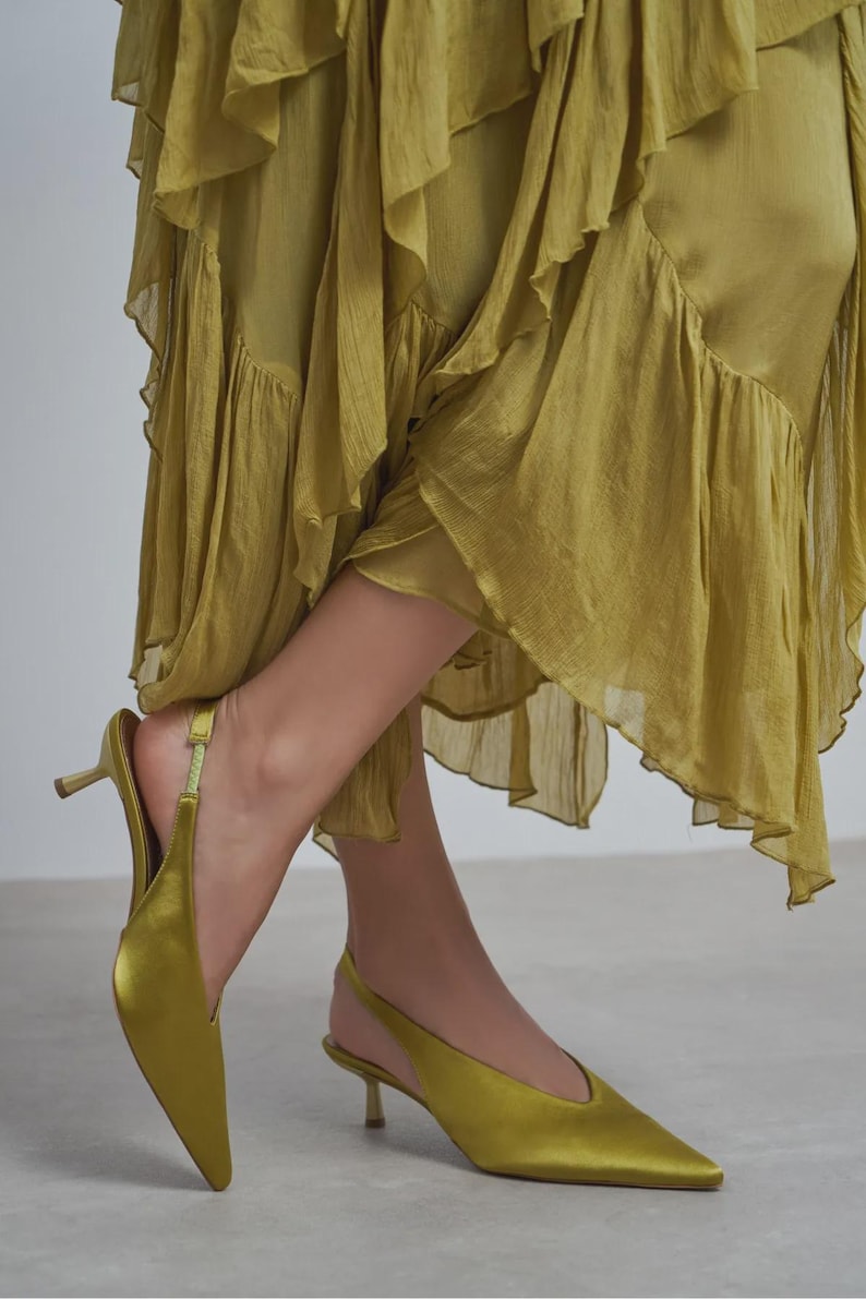 Olive Green Satin Kitten Heels | Slingback Pumps | Pointed Toe Dress Shoes | Wedding Guest Shoes