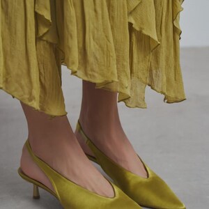 Olive Green Satin Kitten Heels | Slingback Pumps | Pointed Toe Dress Shoes | Wedding Guest Shoes