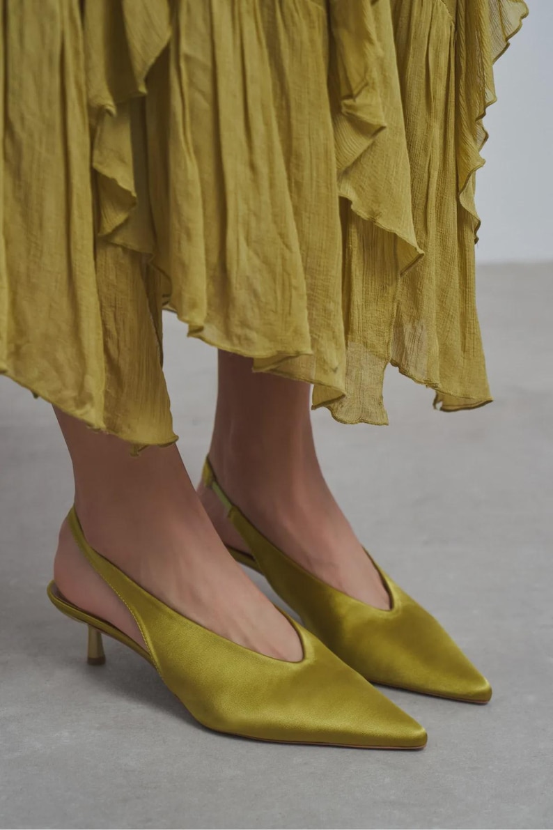Olive Green Satin Kitten Heels | Slingback Pumps | Pointed Toe Dress Shoes | Wedding Guest Shoes