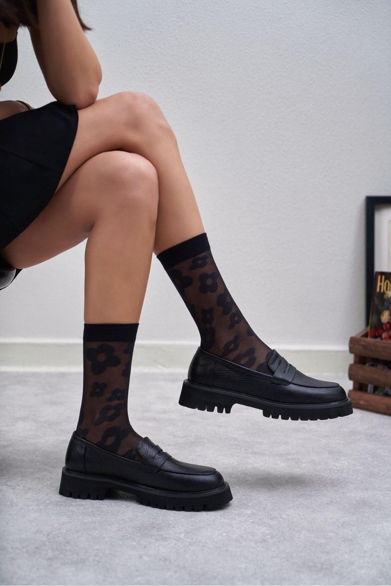 Black Soft Leather Chunky Heel Penny Loafers | Women's Moccasins | Slip On Flats