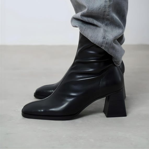black stretch dress boots Stretch Knee Heel Boots-Black
