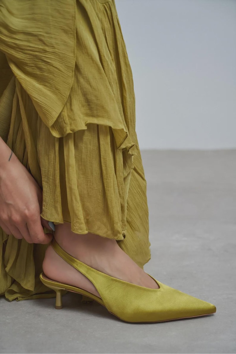 Olive Green Satin Kitten Heels | Slingback Pumps | Pointed Toe Dress Shoes | Wedding Guest Shoes