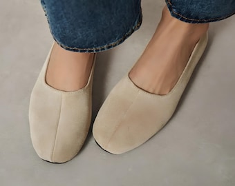 Beige Suede Barefoot Ballet Shoes | Round Toe Slip On Flats | Women's Zero Drop Shoes
