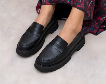 Black Leather Chunky Heel Penny Loafers | Women's Oxfords | Slip On Footwears