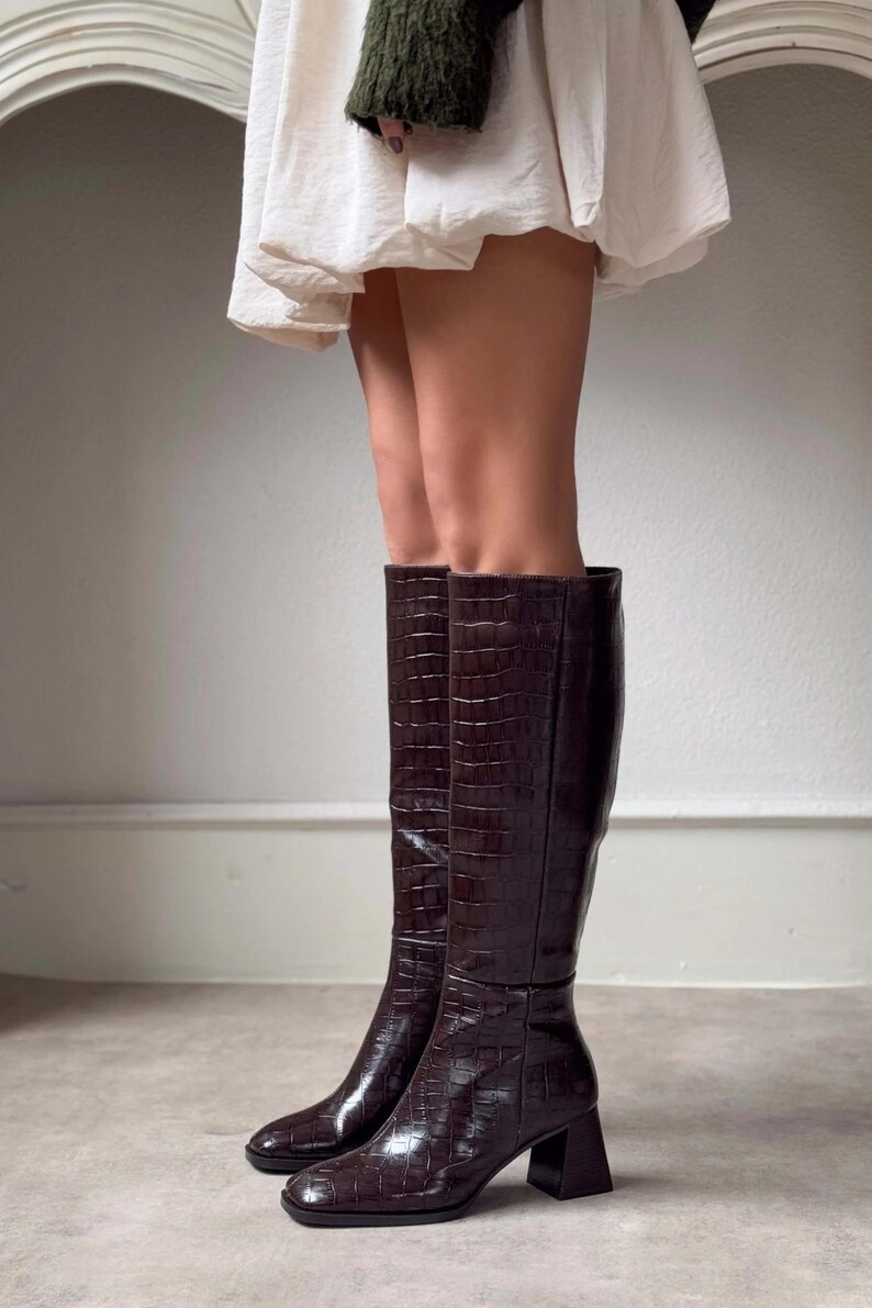 Brown Croc-embossed Leather Knee High Boots | Square Toe High Heeled ...