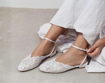 White Lace Ankle Strap Wedding Flats | Bridal Ballet Shoes | Round toe Wedding Sandals