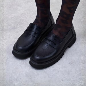 Black Soft Leather Chunky Heel Penny Loafers | Women's Moccasins | Slip On Flats