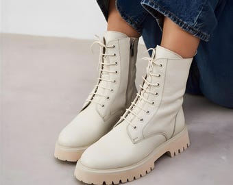 Beige Leather Chunky Heel Combat Boots | Ankle Tie Boots | Lace Up Boot