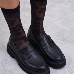 Black Soft Leather Chunky Heel Penny Loafers | Women's Moccasins | Slip On Flats