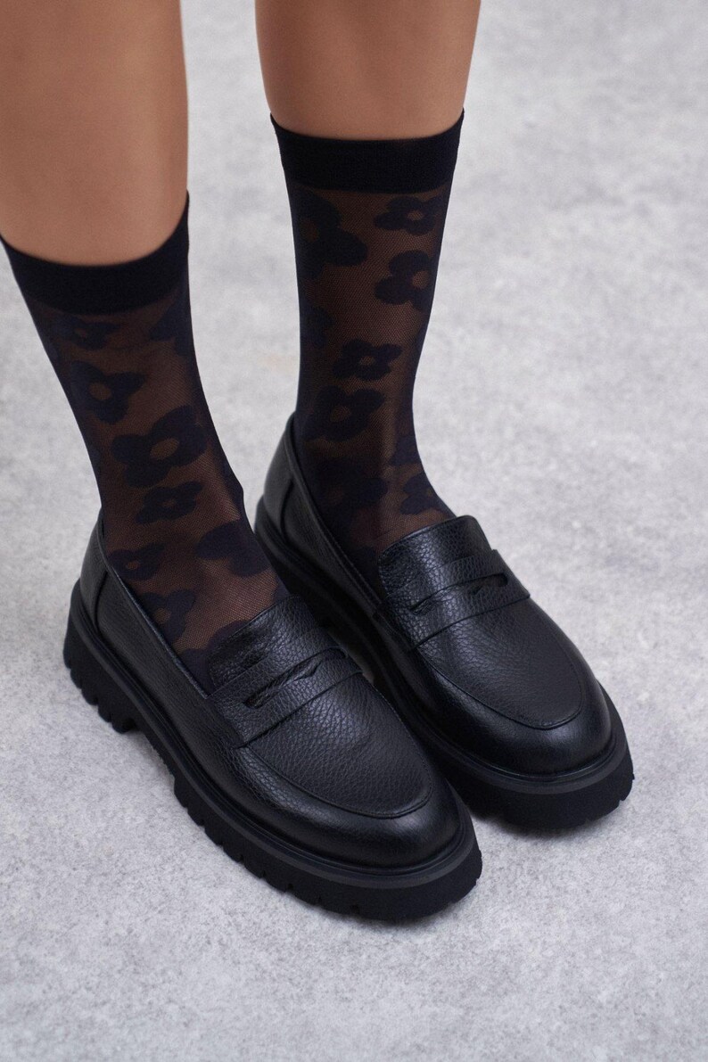 Black Soft Leather Chunky Heel Penny Loafers | Women's Moccasins | Slip On Flats