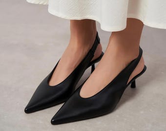 Black Leather Slingback Kitten Heels | Low Heel Pumps | Pointed Toe Shoes | Summer Sandals