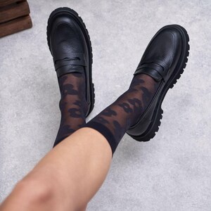 Black Soft Leather Chunky Heel Penny Loafers | Women's Moccasins | Slip On Flats
