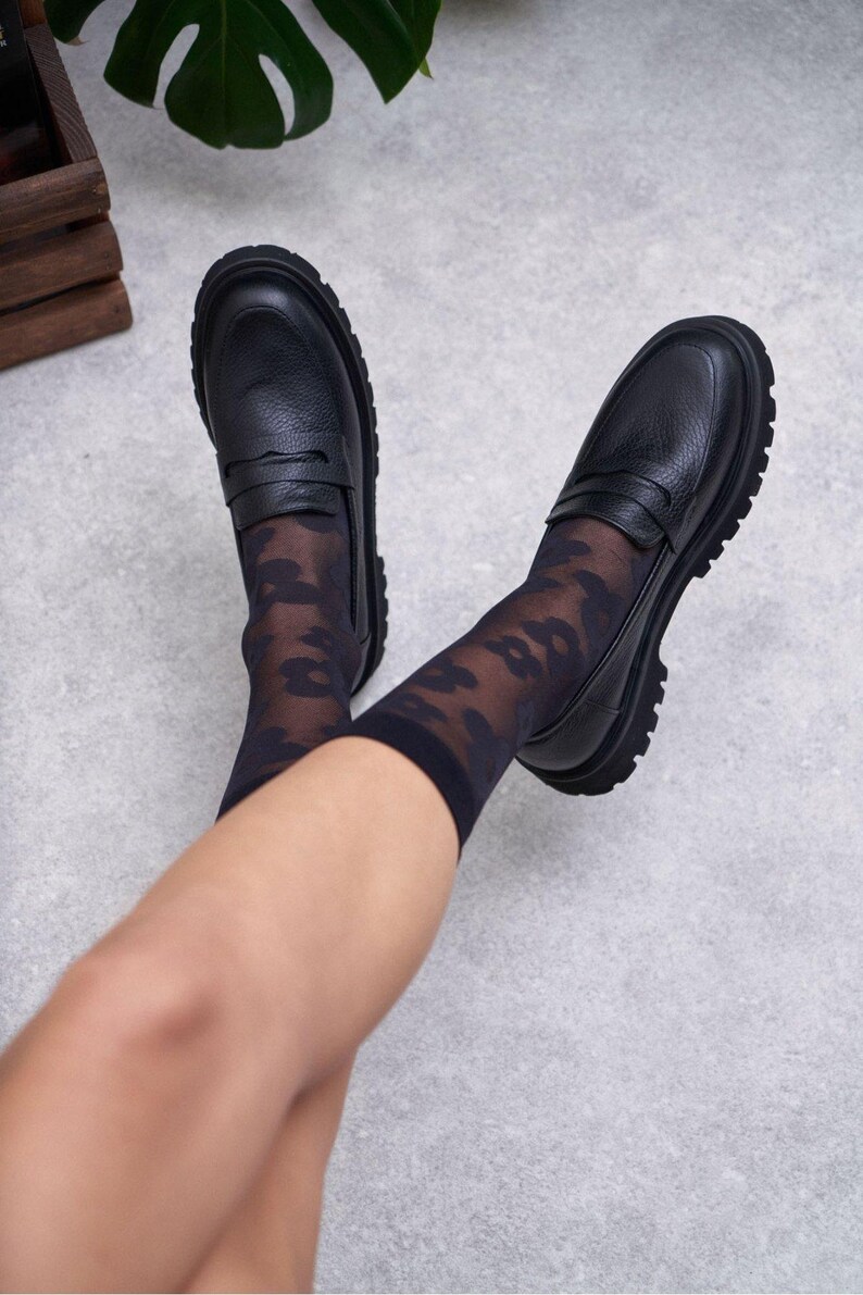 Black Soft Leather Chunky Heel Penny Loafers | Women's Moccasins | Slip On Flats