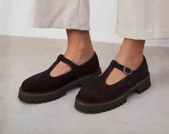Brown Suede T-Strap Mary Jane Loafers | Chunky Heeled Oxfords | Platform Slip ons