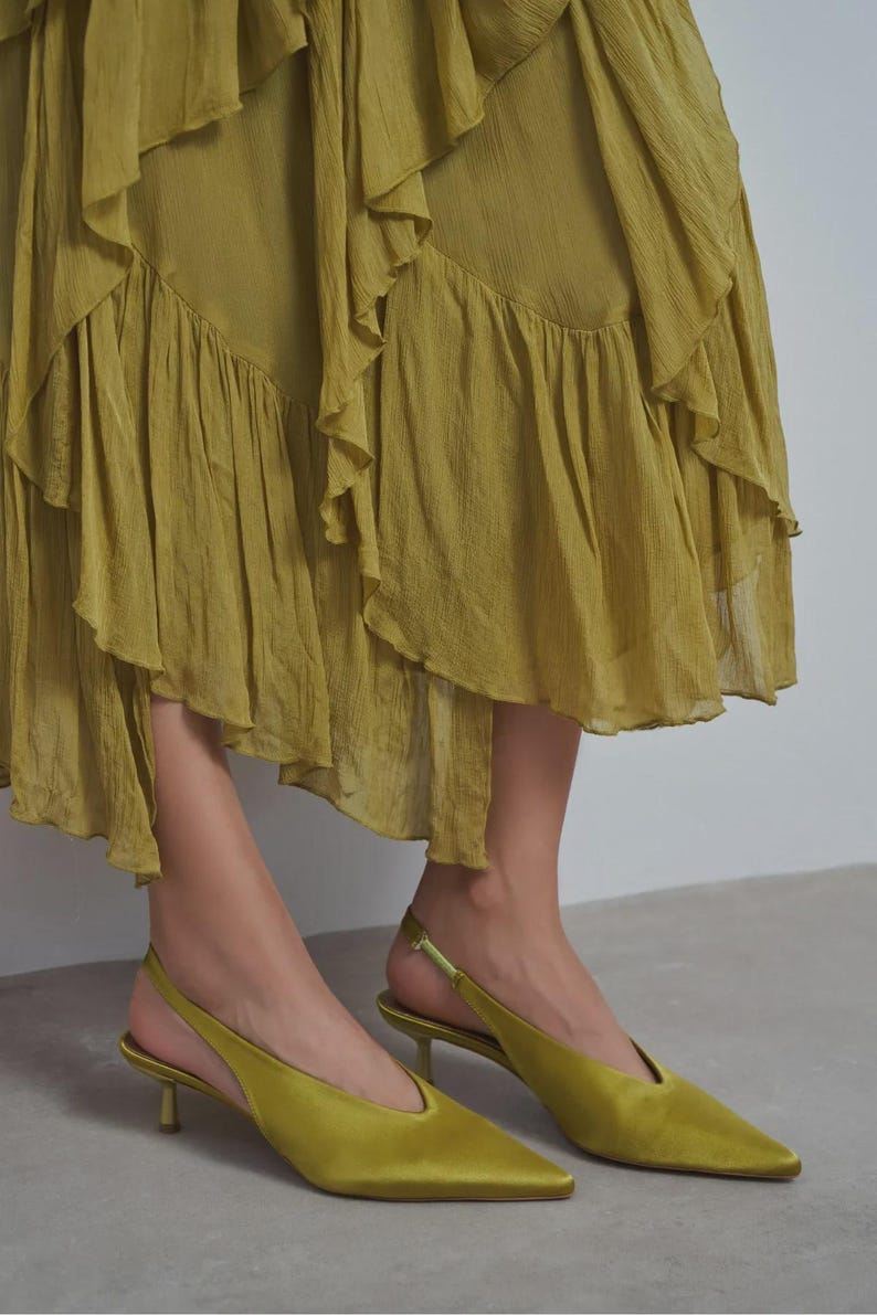 Olive Green Satin Kitten Heels | Slingback Pumps | Pointed Toe Dress Shoes | Wedding Guest Shoes