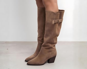 Beige Suede Wide Calf Slouch Western Boots | Pointed Toe Block Heeled Knee Boot