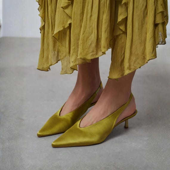 Olive Green Satin Kitten Heels | Slingback Pumps | Pointed Toe Dress Shoes | Wedding Guest Shoes