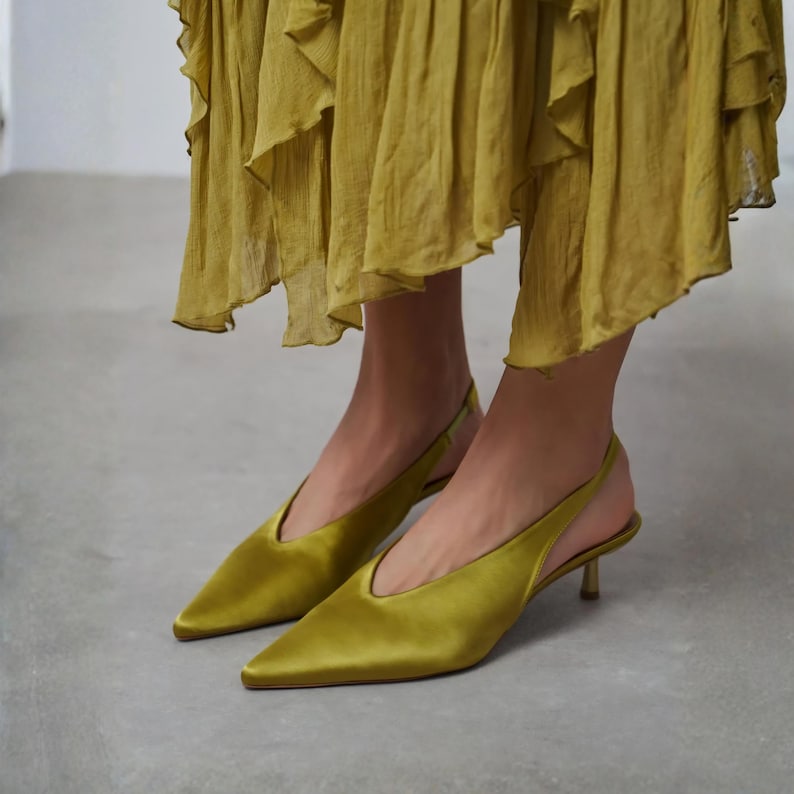 Olive Green Satin Kitten Heels | Slingback Pumps | Pointed Toe Dress Shoes | Wedding Guest Shoes