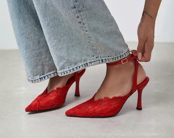 Red Lace Ankle Strap Bridal Heels | Women's Wedding Shoes | Pointed Toe Pumps