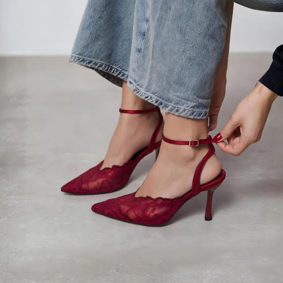 Burgundy Lace Ankle Strap Bridal Heels | Women's Wedding Shoes | Pointed Toe Pumps