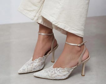 Beige Lace Ankle Strap Bridal Heels | Women's Wedding Shoes | Pointed Toe Pumps