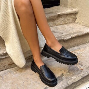 Black Soft Leather Chunky Heel Penny Loafers | Women's Moccasins | Slip On Flats