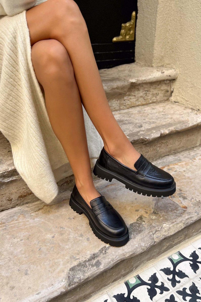 Black Soft Leather Chunky Heel Penny Loafers | Women's Moccasins | Slip On Flats