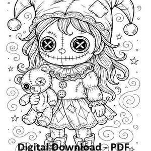 May include: Black and white illustration of a doll-like figure wearing a jester hat and holding a teddy bear. The figure has button eyes and stitched features. The image includes the text "Digital Download - PDF".