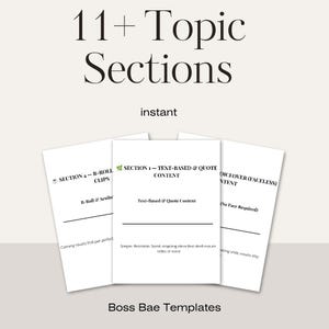 May include: A graphic featuring three white templates with text. The top text reads "11+ Topic Sections" and "instant". The templates include sections for text-based content, B-roll clips, and voiceovers. The bottom text reads "Boss Bae Templates".