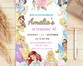 Editable Princess Birthday Invitation| Princess Birthday Template| Princess Theme Party| Canva invite