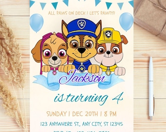 Editable Paw-ty Birthday Invitation Template, Kids Party Invitation, Puppy Patrol Pup Boys & Girls Bday, Digital Download