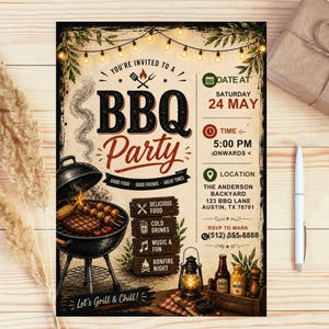 May include: A BBQ party invitation with a vintage design. The invitation features a grill with food, string lights, and the text "BBQ Party." Details include the date, time, location, and RSVP information.