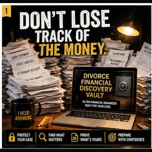 Può includere: Un portatile che mostra il testo DIVORCE FINANCIAL DISCOVERY VAULT e l'immagine di una cassaforte, circondato da pile di documenti etichettati bank statement, credit card bill, retirement account e tax returns, con una tazza nera I NEED ANSWERS.