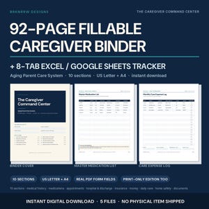 Könnte beinhalten: Ein ausfüllbarer Pflege-Ordner mit 92 Seiten als digitales Produkt, bestehend aus einem Deckblatt, einer Medikamentenliste und einem Ausgabenprotokoll. Das Design zeigt dunkelblaue und cremefarbene Hintergründe mit weißem Text und 10 Abschnitten.